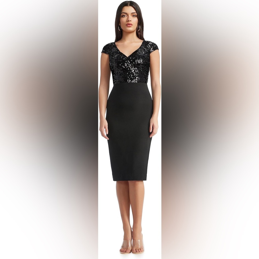 NWT Dress The Population Jaleah Black Sequin V-Neck Bodycon Midi Dress Size L - Picture 5 of 10